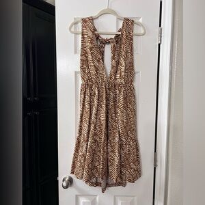 House of Harlow Women’s Size Medium Linen Brown Palm Mini Dress Cut Out Back